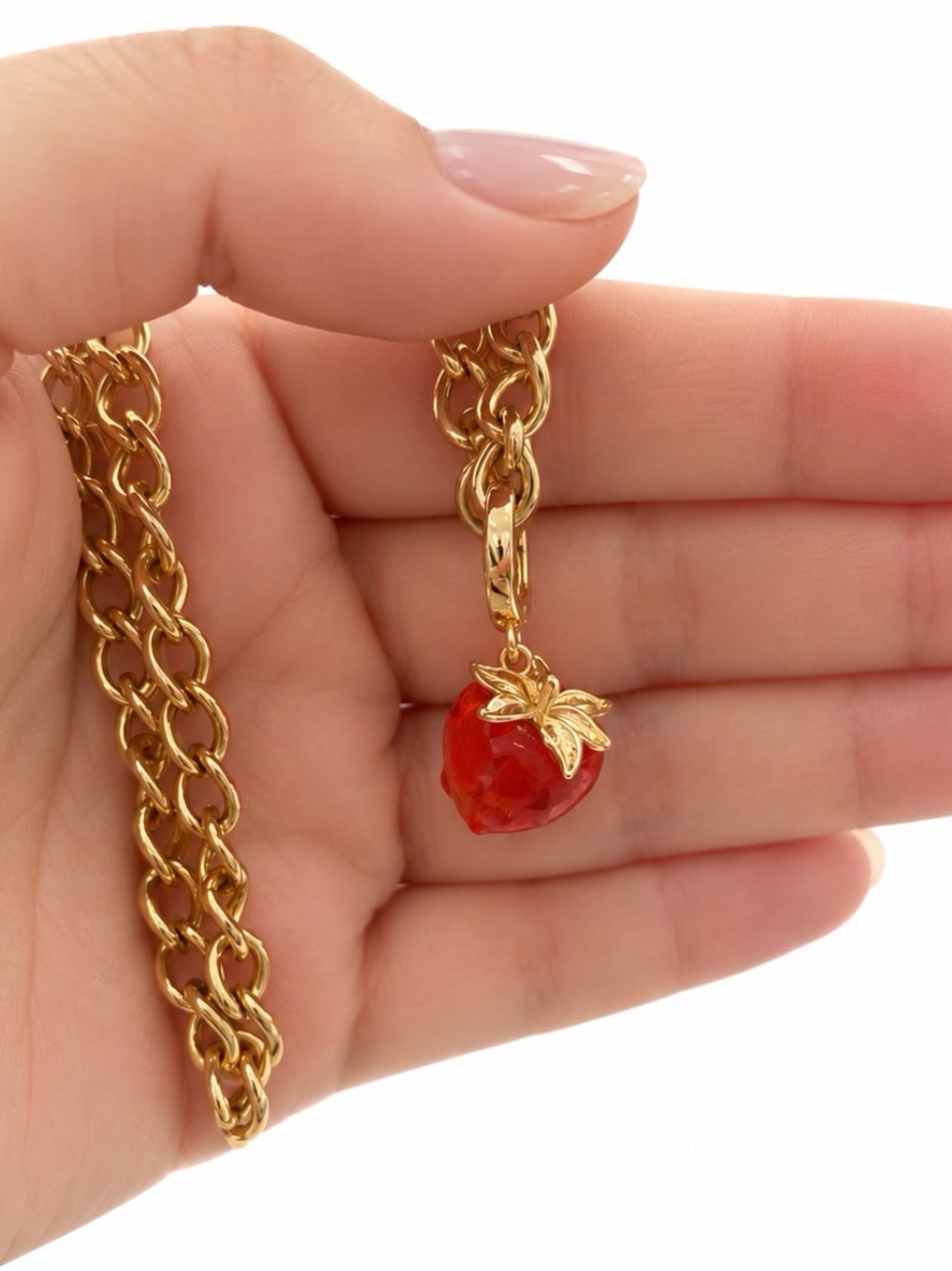 Vintage Gold tone Chain Necklace with Red Strawberry Charm